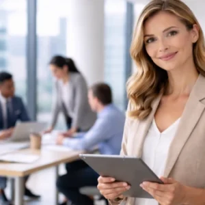 Business professional holding a tablet in a modern office while a team collaborates in the background.