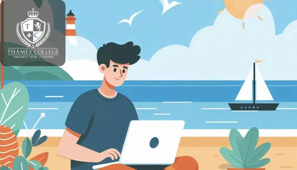 Illustration of a young man working on a laptop at the beach with a lighthouse, sailboat, and sun in the background, symbolising creativity and design freedom.