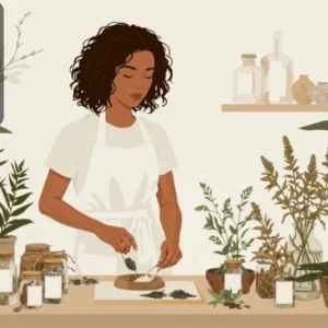 Illustration of a woman preparing herbs on a table surrounded by plants and jars, representing herbalism practices.