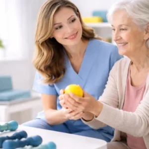 Occupational therapy support worker assisting an older adult with hand-strengthening exercises in a therapy room.
