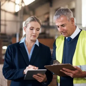 Two professionals reviewing documents on a tablet and clipboard inside a warehouse environment.