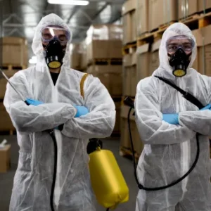 Two individuals wearing full-body protective suits, gloves, goggles, and respirator masks stand confidently in a warehouse setting with disinfectant sprayers; Thames College logo appears in the top-left corner.