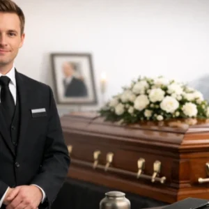 Professional funeral director standing in a modern funeral setting beside a polished coffin, representing funeral service management.