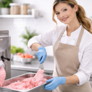 Professional ice cream maker preparing fresh strawberry ice cream using commercial equipment in a modern kitchen.