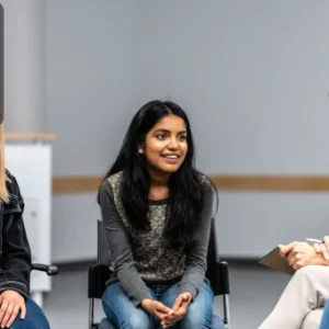 Group therapy session with participants and a counsellor, focusing on support for addiction and mental health.
