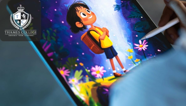 Digital artist using a stylus to create a colourful cartoon illustration of a child in a nature scene on a tablet, symbolising creative artwork with Adobe Illustrator.