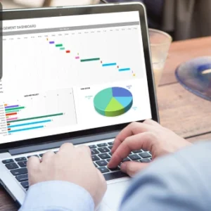 Person working on a laptop displaying charts, graphs, and data dashboards, symbolising advanced Excel skills in formulas, VLOOKUP, and Power Query.