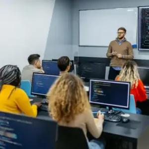 Infographic showing computer programming concepts including coding, software development, algorithms, debugging, and application projects for a diploma program.