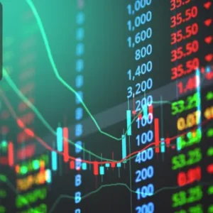 Colourful candlestick and line charts showing forex trading data on a digital screen.