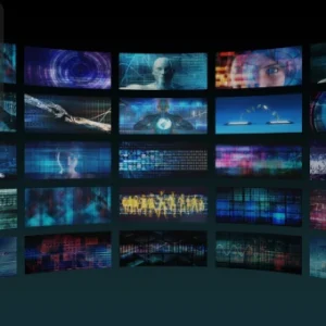 Multiple digital screens displaying futuristic visuals, technology concepts, and advanced systems, representing aftertreatment technologies.