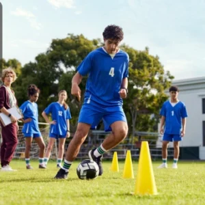 Young athletes in blue kits practising football drills with cones under a coach’s supervision on a training field.