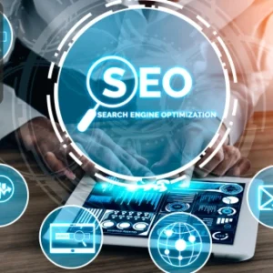 Person using a tablet displaying digital analytics with a glowing SEO (Search Engine Optimization) interface surrounded by icons, and the Thames College logo in the corner.