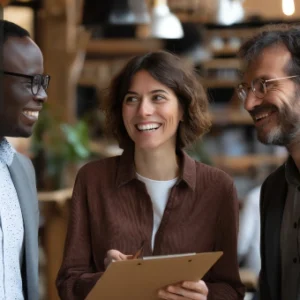 Three business professionals smiling and discussing ideas while holding a clipboard in a modern workspace, with the Thames College logo in the corner.