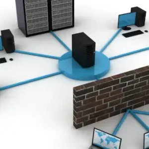 Diagram illustrating computer network security concepts, including firewalls, VPNs, intrusion detection systems, encryption protocols, secure routers and switches, threat monitoring, and advanced cybersecurity measures.