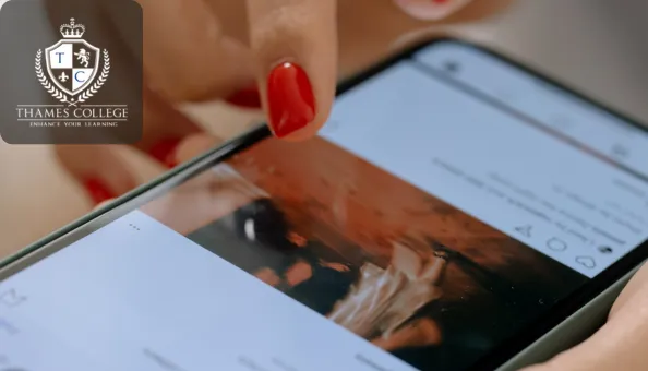 A close-up of a smartphone screen displaying an Instagram post, with a hand featuring red nail polish interacting with the app. The Thames College logo appears in the top-left corner.