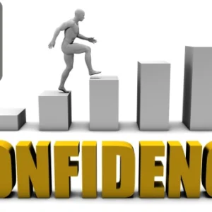 3D figure climbing ascending bars with the word "Confidence" in bold gold letters.