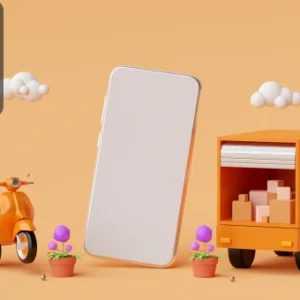 3D illustration showing a smartphone, delivery truck, and scooter surrounded by parcels, symbolising online shopping and logistics, with the Thames College logo in the corner.
