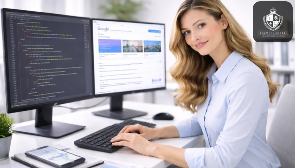 SEO specialist working with HTML code and search performance data on dual monitors in a modern office.