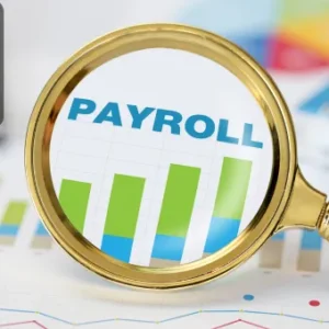 A magnifying glass focusing on the word “PAYROLL” over a colourful bar graph and financial documents.
