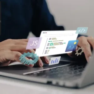 A person types on a laptop with floating icons representing JavaScript, coding windows, gears, and data charts; the Thames College logo is displayed in the top-left corner.