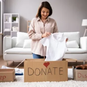 A woman sorting clothes into labelled boxes marked Keep, Donate, and Discard in a tidy living room.