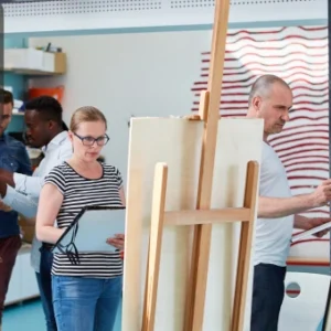 Group of individuals working on their art in a creative studio, each focusing on their easel or digital art tools.