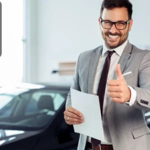 Confident businessman in a suit giving a thumbs up, representing success in Bitcoin buying and selling sales.