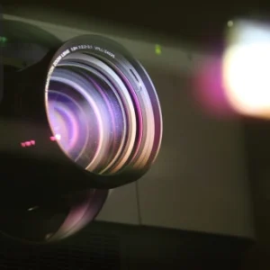 Close-up of a digital projector lens for projection mapping using MadMapper 4 – Thames College