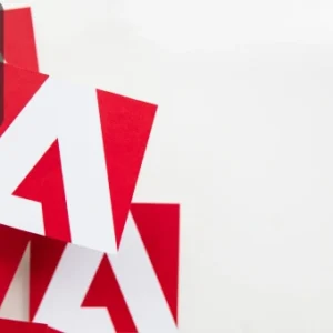 Red and white Adobe logo cards stacked on a white background, symbolising Adobe software tools.