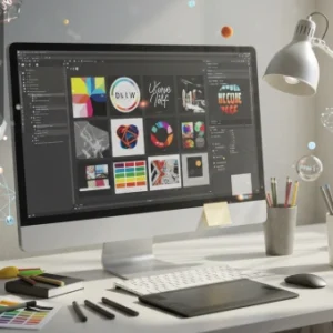 Computer screen displaying graphic design projects in Affinity Designer, surrounded by art supplies, colour palettes, and stationery on a modern workspace desk.