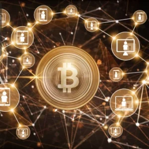 A digital Bitcoin coin surrounded by blockchain network connections, symbolising decentralised cryptocurrency systems and breakthrough opportunities.