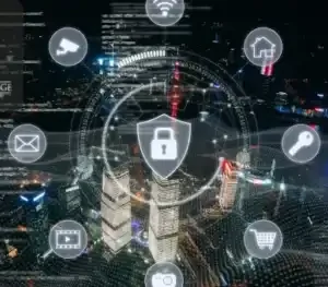 Infographic illustrating computer networking and cybersecurity concepts including routers, switches, servers, firewalls, network topology, encryption, intrusion detection systems, and secure data transmission.