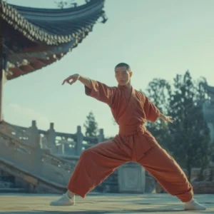 Shaolin monk practising a traditional Kung Fu stance in a temple courtyard, representing discipline and martial arts training.