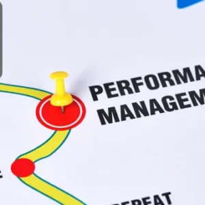 Performance Management road map with yellow pin on strategy chart.