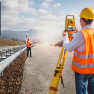 Two surveyors wearing safety gear conducting road measurements using a total station and staff rod, with mountains and highway construction in the background.