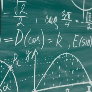 A chalkboard filled with mathematical equations and graphs, representing learning in maths and analytical thinking.