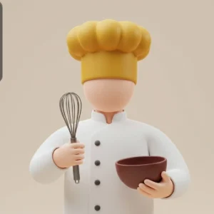 3D cartoon chef character holding a whisk and bowl, designed in Blender 3D style.
