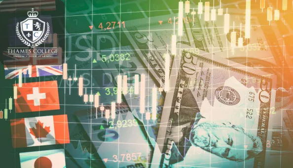 A collage of international currency notes, country flags, and financial trading charts with candlestick patterns, representing global market activity. The Thames College logo is featured in the top-left corner.