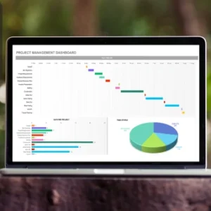Laptop displaying a project management dashboard with charts, graphs, and data visualisations, symbolising advanced Excel analytics.