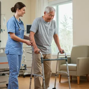 A healthcare assistant in scrubs supports an elderly man using a walker in a well-lit hospital or care facility room; Thames College logo appears in the top-left corner.