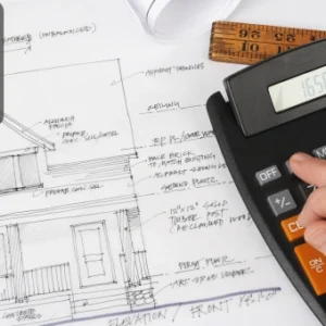 Hand using a calculator and pencil over a detailed house blueprint with measurement notes, alongside a ruler, with the Thames College logo in the corner.