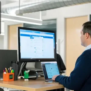 A man standing at a modern desk using both a laptop and a large monitor, displaying a LinkedIn profile page; Thames College logo is shown in the top-left corner.