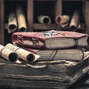 Old, leather-bound books and rolled scrolls, symbolising the study of English Literature and Medieval History.
