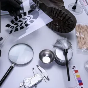 Forensic tools and evidence, including shoeprints, magnifying glass, and brushes, used in criminal investigations, alongside a boot print analysis.
