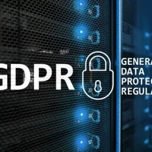 A data server with a glowing lock icon and the text GDPR – General Data Protection Regulation, representing data security and compliance.