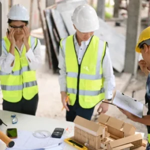 Construction workers in safety vests and helmets are inspecting a site while ensuring compliance with Construction Safety & Management procedures to guarantee a safe working environment.