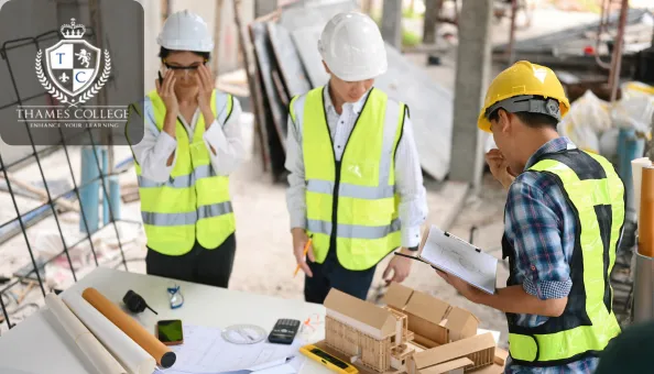 Construction workers in safety vests and helmets are inspecting a site while ensuring compliance with Construction Safety & Management procedures to guarantee a safe working environment.