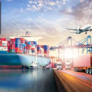 A cargo ship, airplane, and trucks at a port, symbolising the global movement of goods in the import/export and economics sectors.