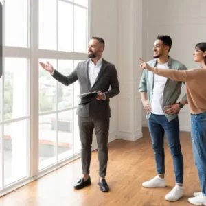 An estate agent showing a couple a spacious room with large windows, symbolising property sales and real estate guidance.