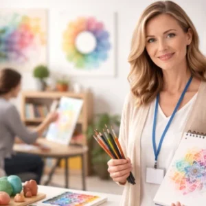 Art therapist in a modern creative studio holding art materials, representing professional art therapy practice.